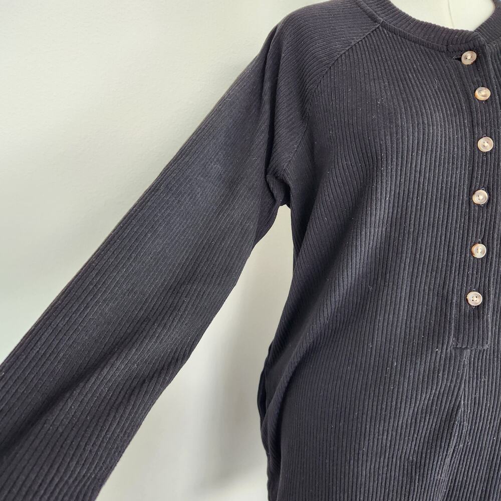 Old Navy Black Pajama Romper Ribbed Henley Long Sleeve Loungewear L - Picture 2 of 7